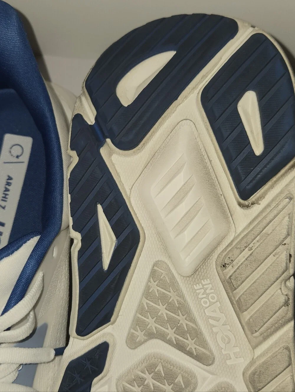 Hoka One One White and Navy Athletic Running Shoes with Gold Logo